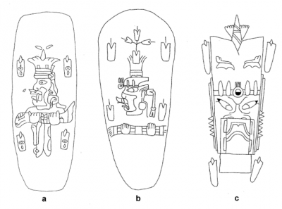 Figure 4: Representations of the axis mundi in the Olmec-style art of the Gulf Coast Lowlands: (a) jade celt from Río Pesquero (Museo de Xalapa, Veracruz, Mexico); (b) jade celtfrom Río Pesquero (redrawn after Joralemon 1976:41, Fig. 8e); and (c) design on a jade celt from Río Pesquero (redrawn after Joralemon 1976:41, Fig. 8d). Drawings are not to scale (image copyright: Arnaud F. Lambert).